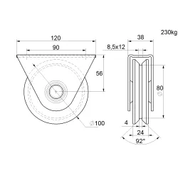 Vodiace koliesko ø 100mm s oporou Combi Arialdo, V  profil, nosnosť 230kg Vodiace koliesko ø 100mm s oporou Combi Arialdo, V  profil, nosnosť 230kg